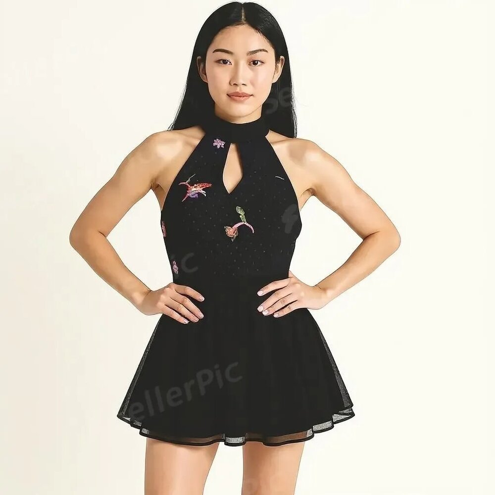 NWT Women Mini Dress Sleeveless Embroidery Floral Black Fit and Flare Size M